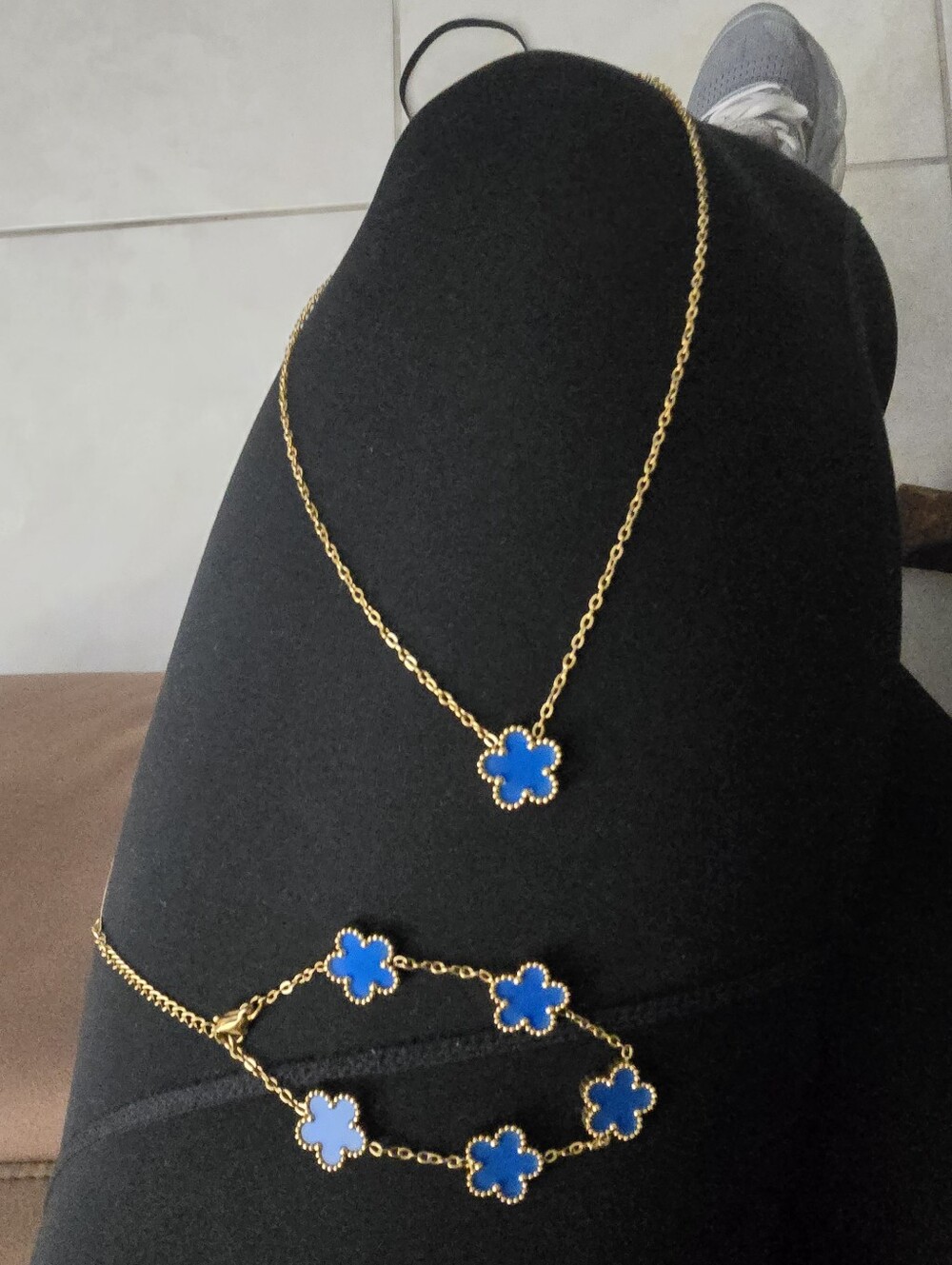 Gold-Plated Blue Clover Necklace and Bracelet Set